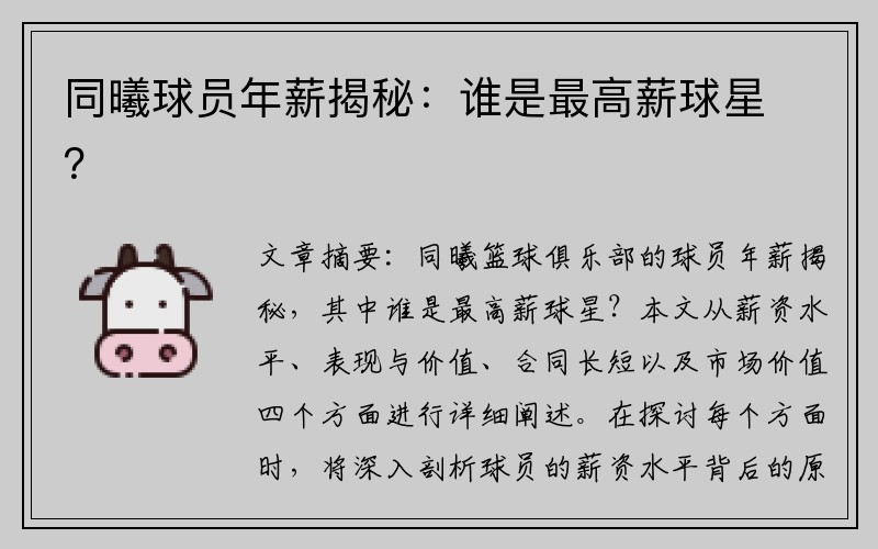 同曦球员年薪揭秘：谁是最高薪球星？