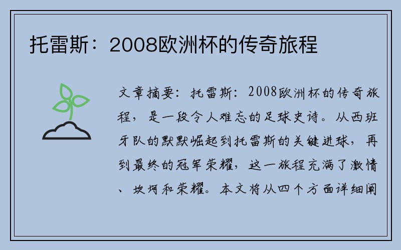 托雷斯：2008欧洲杯的传奇旅程