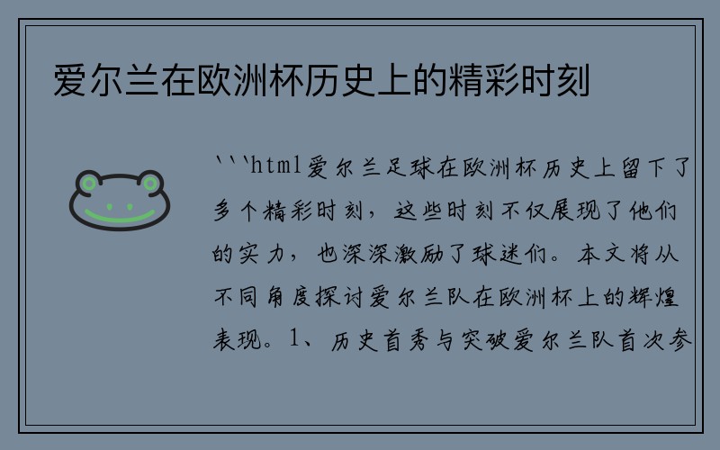 爱尔兰在欧洲杯历史上的精彩时刻