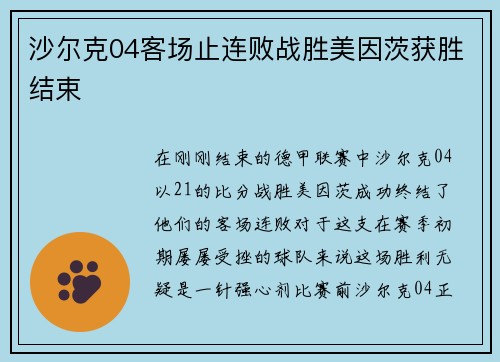 沙尔克04客场止连败战胜美因茨获胜结束