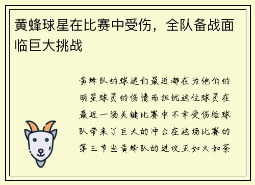 黄蜂球星在比赛中受伤，全队备战面临巨大挑战